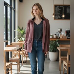 Woman Plum Mauve Open Front Blazer with Floral Embroidery